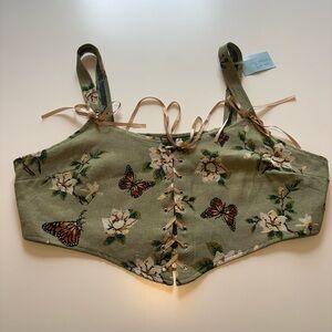 Cider Olive Green Floral & Butterfly Lace-Up Crop Top